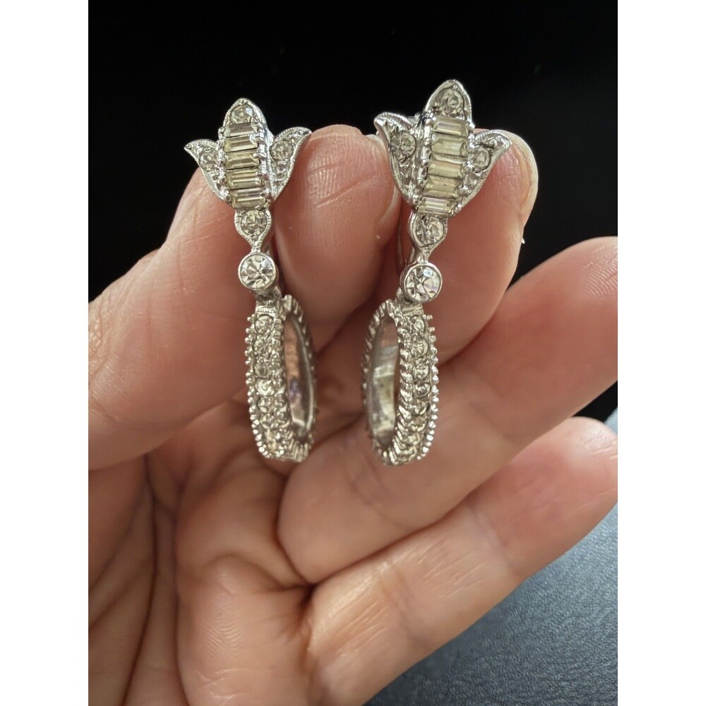 OTIS Sterling Art Deco Rhinestone Suspended Hoop Screw Back Earrings Floral
